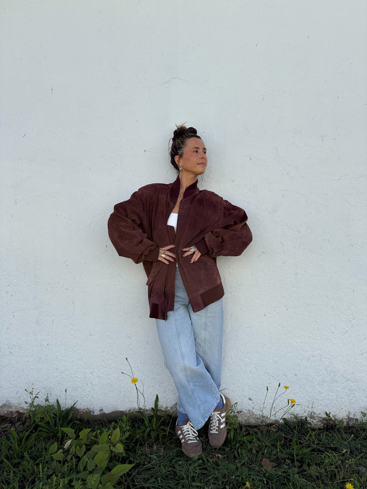 Vintage Maroon Suede Bomber Jacket