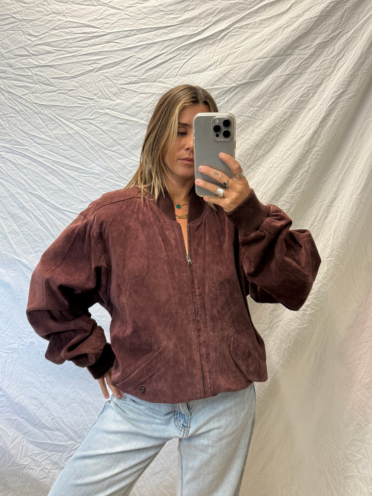 Vintage Maroon Suede Bomber Jacket