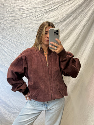 Vintage Maroon Suede Bomber Jacket