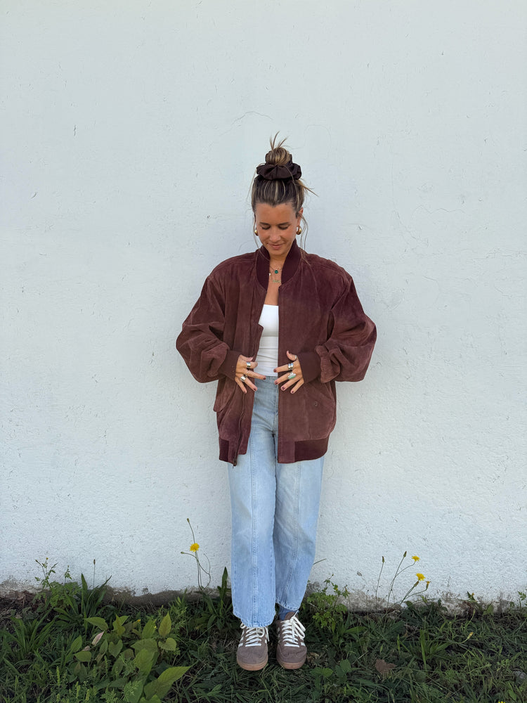 Vintage Maroon Suede Bomber Jacket