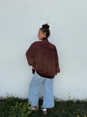 Vintage Maroon Suede Bomber Jacket