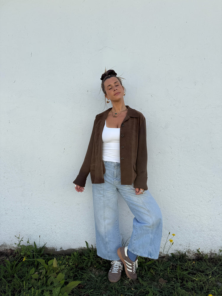 90's Mocha Faux Suede/Knit Cardigan