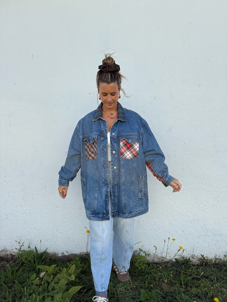 90's Plaid Patch Denim Jacket