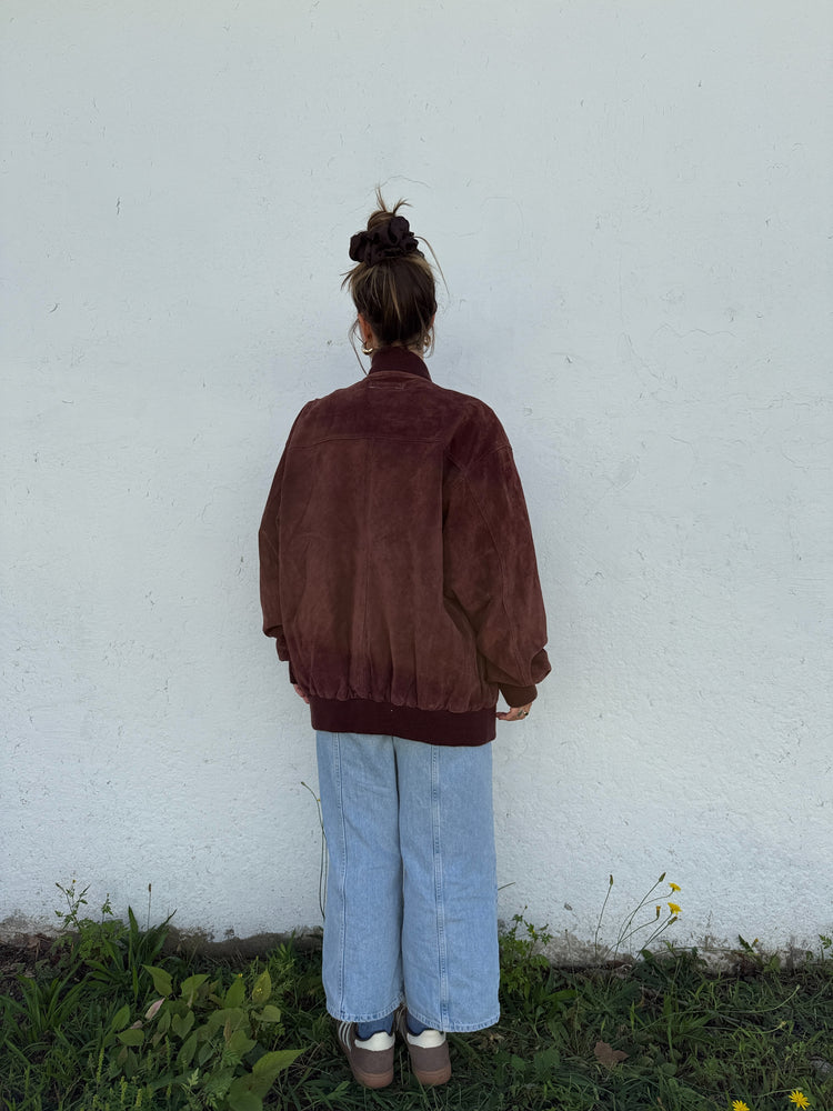 Vintage Maroon Suede Bomber Jacket