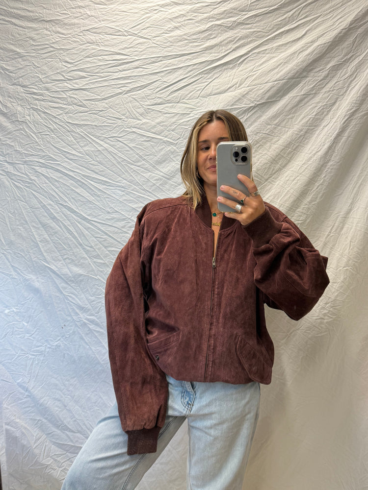 Vintage Maroon Suede Bomber Jacket