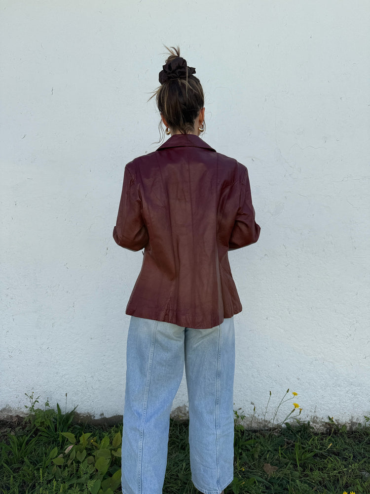 Vtg Deep Cherry Leather Zip Jacket