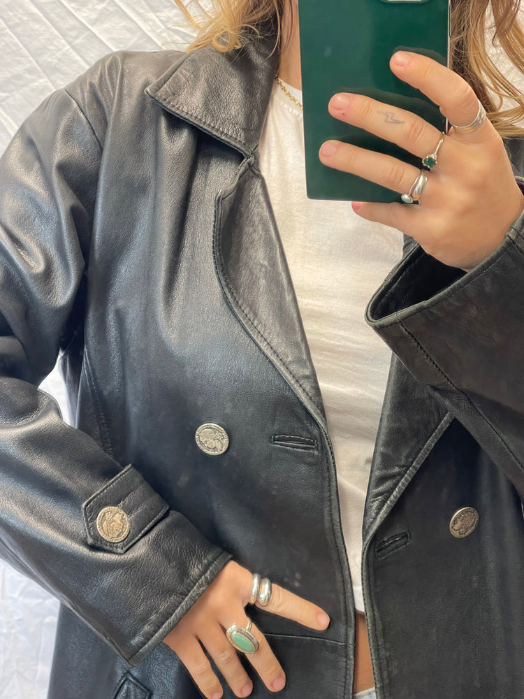 Vintage Distressed Leather Midi Blazer