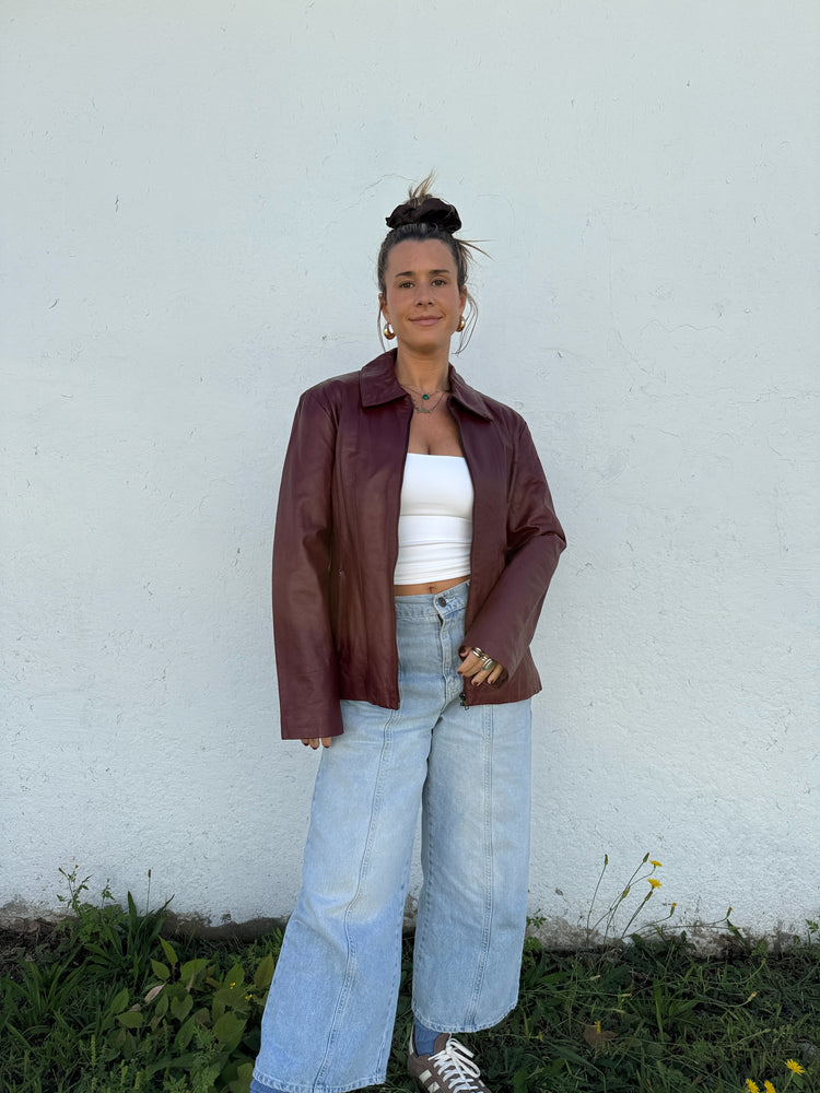 Vtg Deep Cherry Leather Zip Jacket