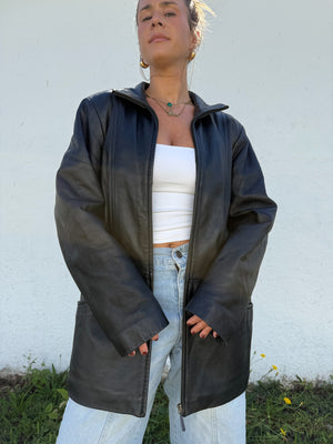 90's Pitch Black Leather Zip Jacket