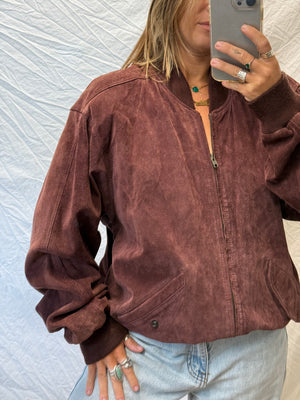 Vintage Maroon Suede Bomber Jacket