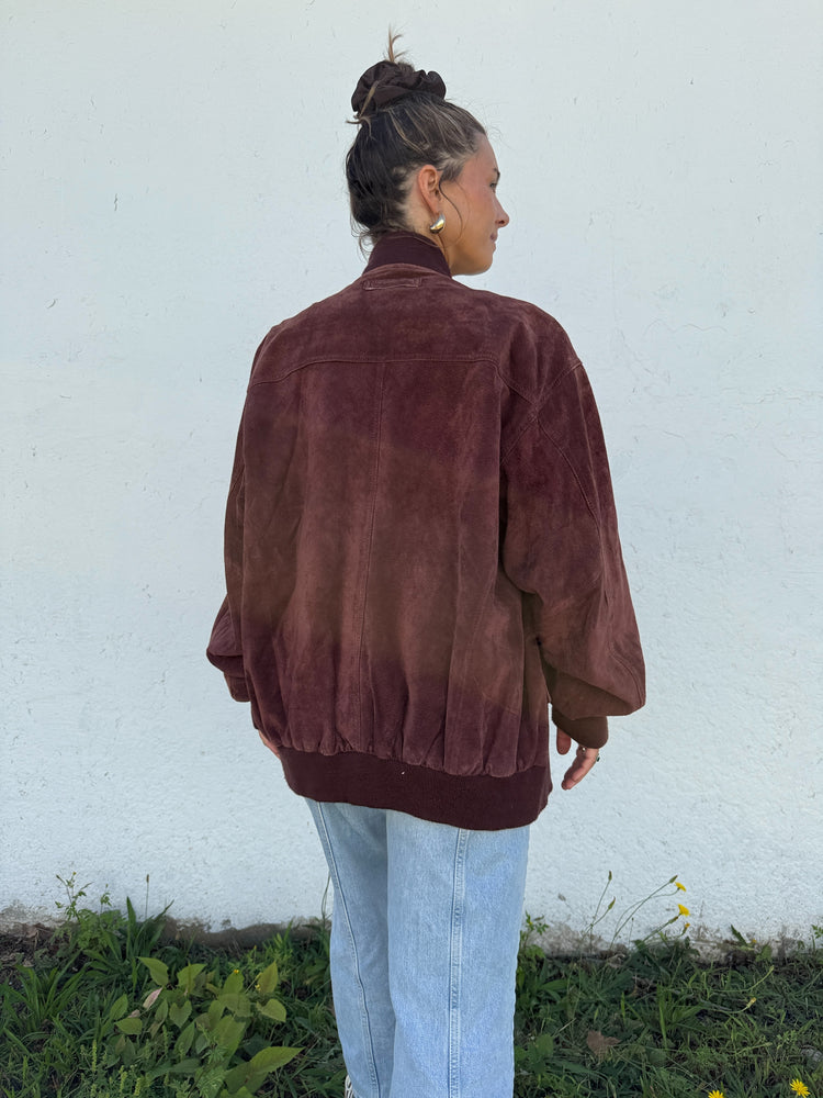 Vintage Maroon Suede Bomber Jacket