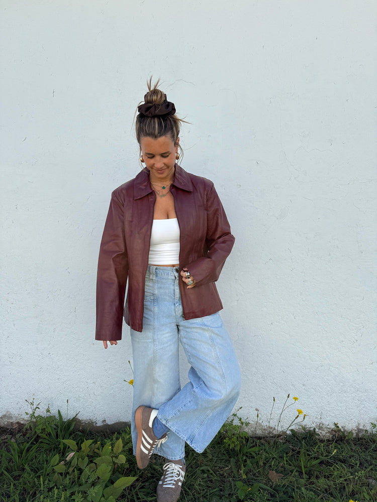 Vtg Deep Cherry Leather Zip Jacket