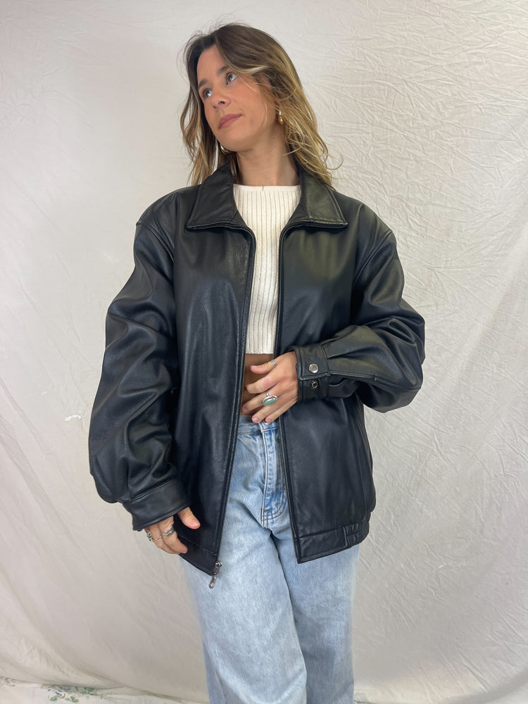 Noir Leather Bomber Jacket