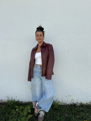 Vtg Deep Cherry Leather Zip Jacket