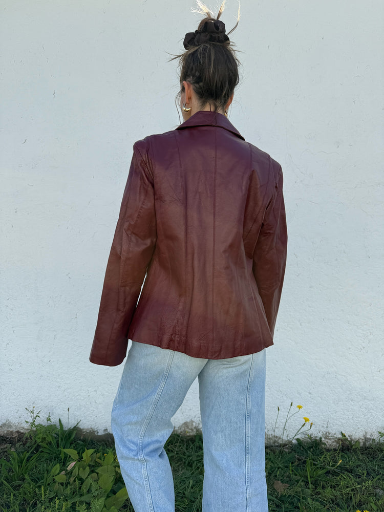 Vtg Deep Cherry Leather Zip Jacket