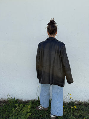 90's Pitch Black Leather Zip Jacket