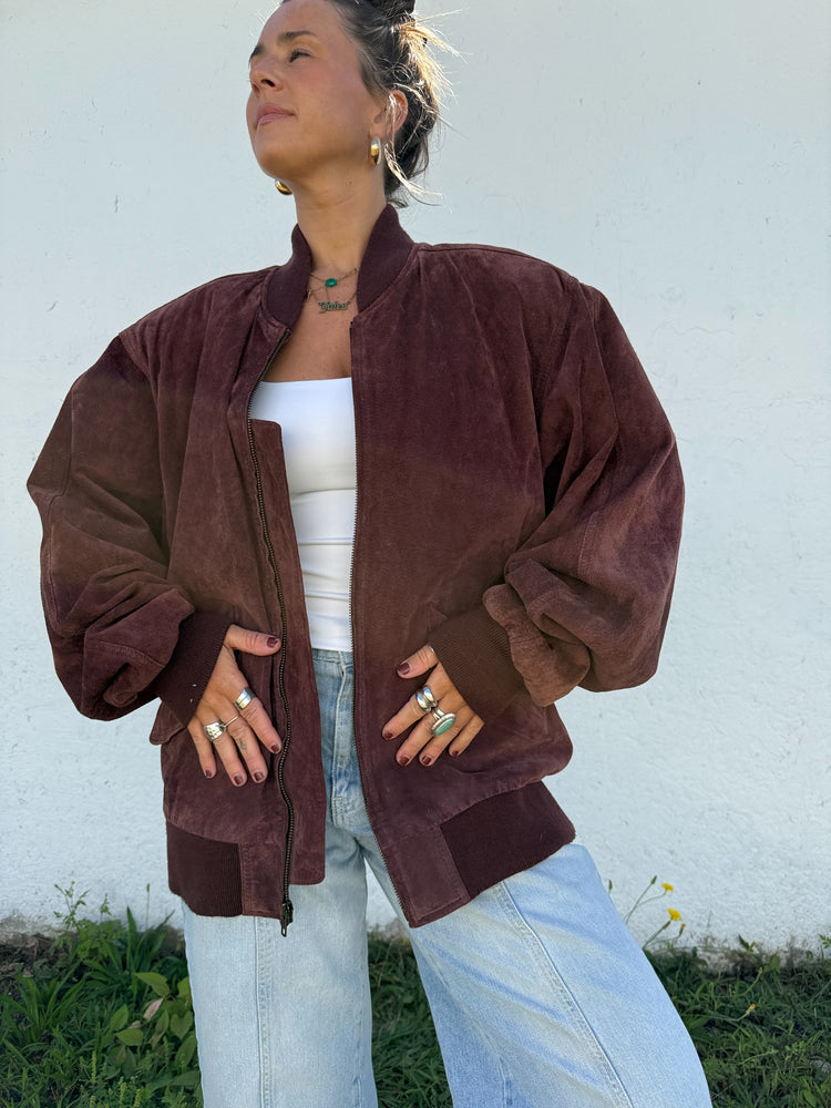 Vintage Maroon Suede Bomber Jacket