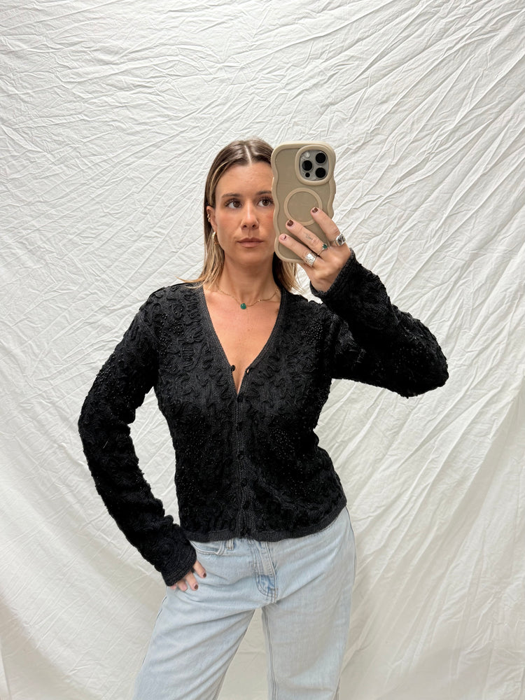 90's Black Beaded Cardigan Top