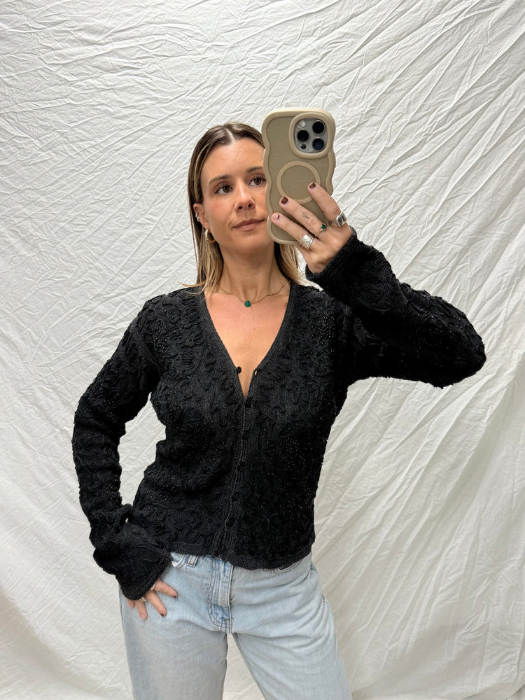90's Black Beaded Cardigan Top