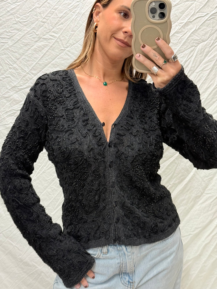 90's Black Beaded Cardigan Top