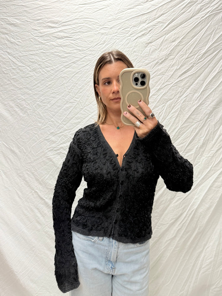 90's Black Beaded Cardigan Top