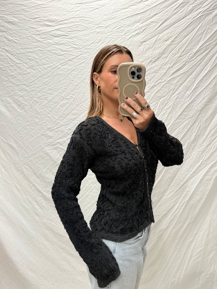 90's Black Beaded Cardigan Top