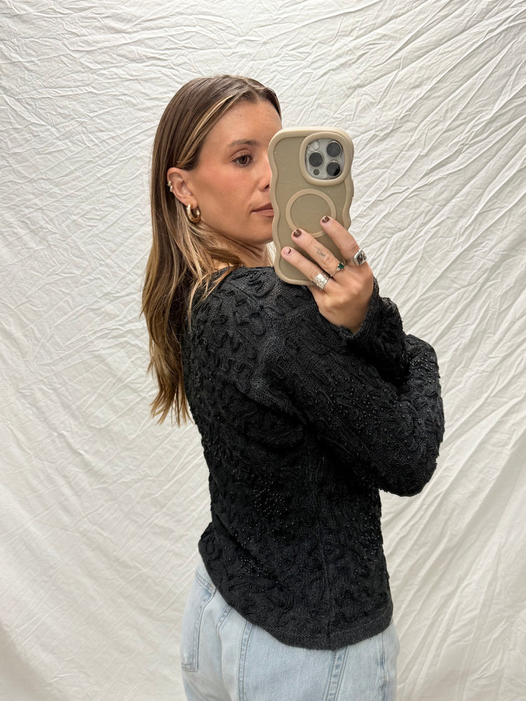 90's Black Beaded Cardigan Top